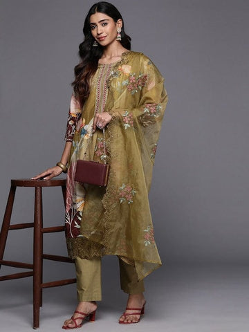 Varanga Women Olive Floral Printed Pure Muslin Straight Kurta With Bottom And Organza Embroidered Dupatta